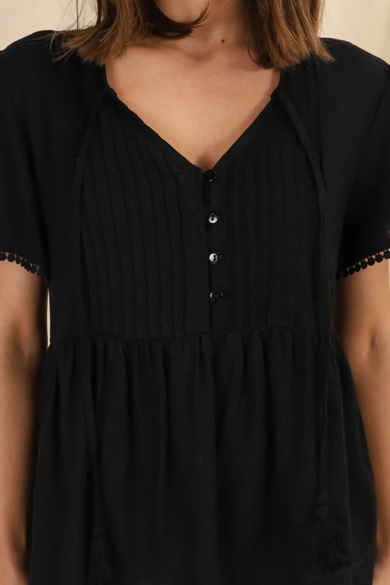 Mallory Top - Pleated Bodice Crochet Trim Cap Sleeve Smock Top in Black>Salty Crush New