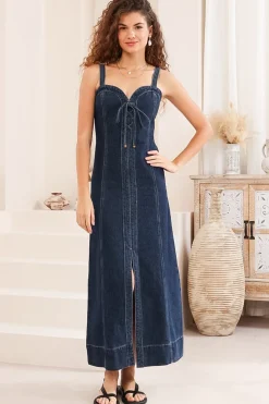 Malone Maxi Dress - Sweetheart Neckline Denim Dress in Dark Denim>Salty Crush Hot