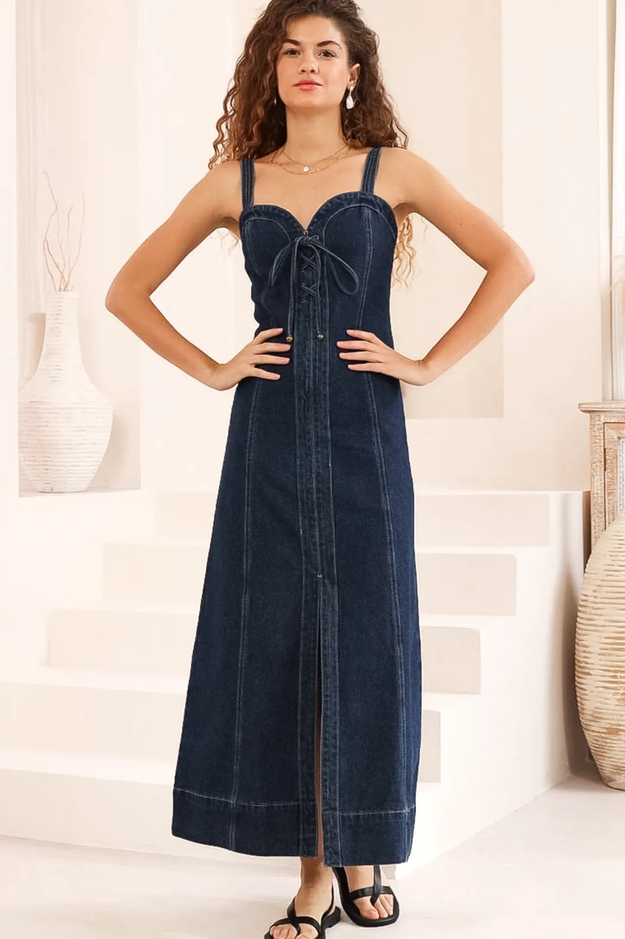 Malone Maxi Dress - Sweetheart Neckline Denim Dress in Dark Denim>Salty Crush Hot