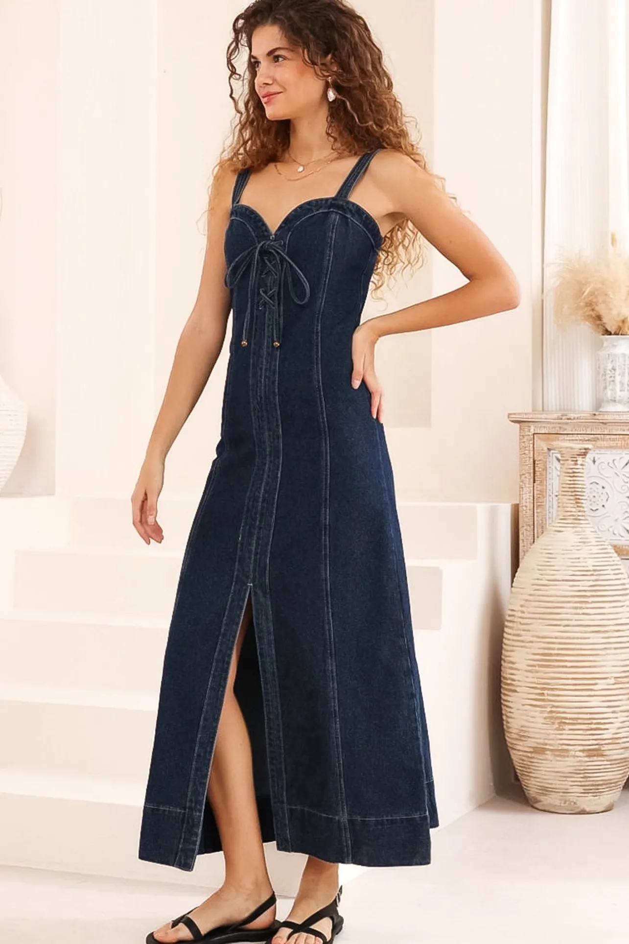 Malone Maxi Dress - Sweetheart Neckline Denim Dress in Dark Denim>Salty Crush Hot