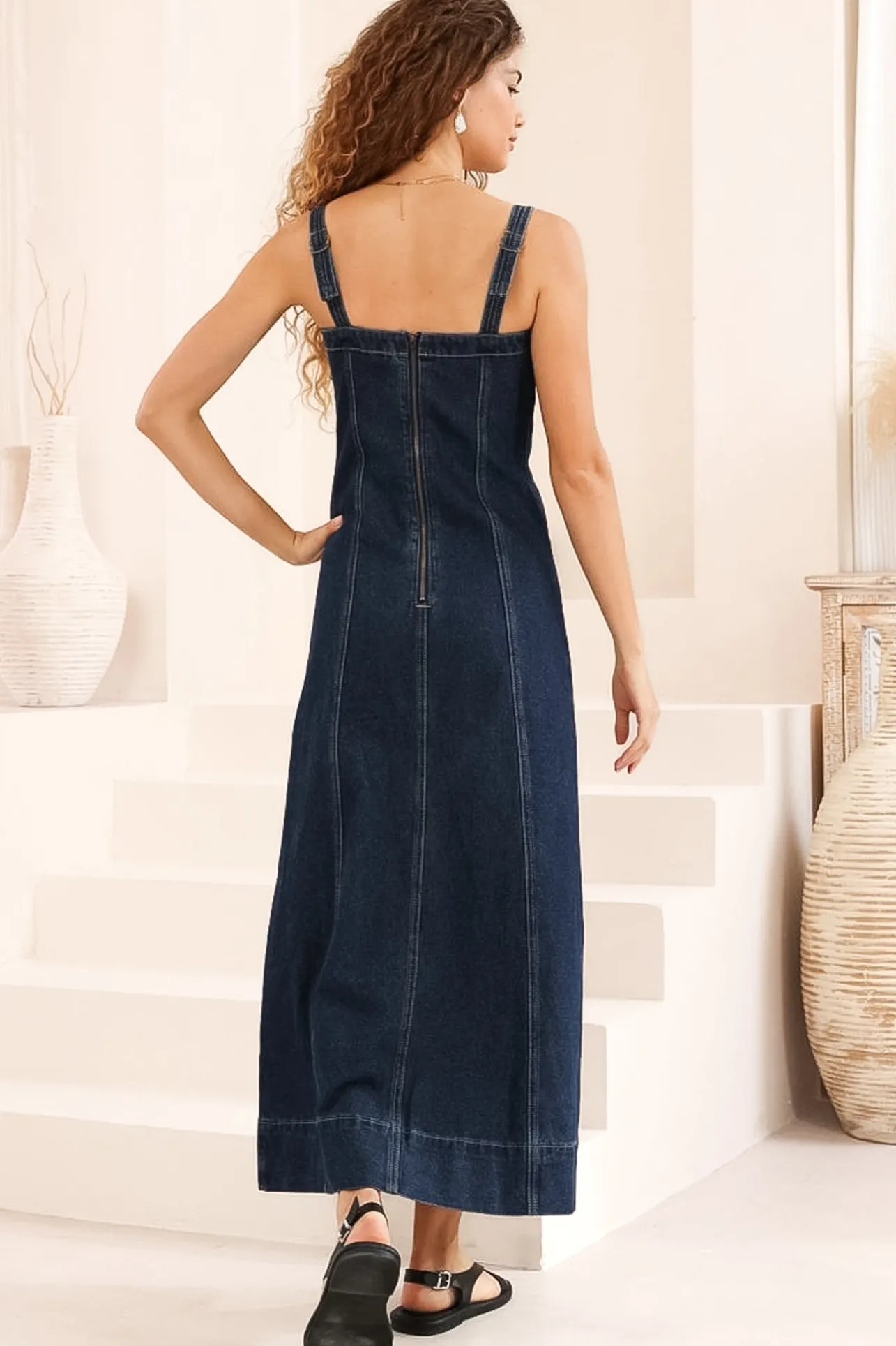 Malone Maxi Dress - Sweetheart Neckline Denim Dress in Dark Denim>Salty Crush Hot