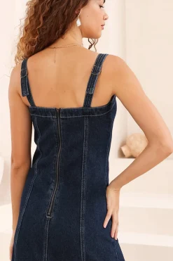 Malone Maxi Dress - Sweetheart Neckline Denim Dress in Dark Denim><noscript><img width=