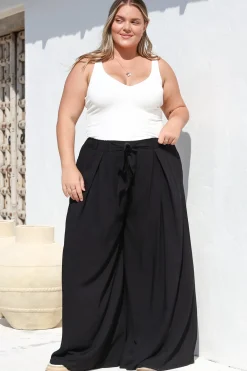 Malta Pants - High Waisted Wide Leg Pants with Tie Waist in Black><noscript><img width=