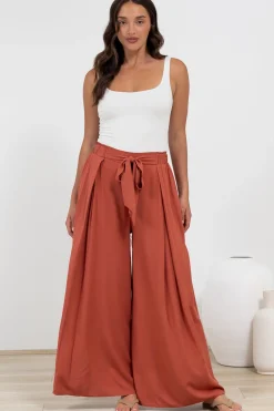 Malta Pants - High Waisted Wide Leg Pants with Tie Waist in Rust>Salty Crush Clearance