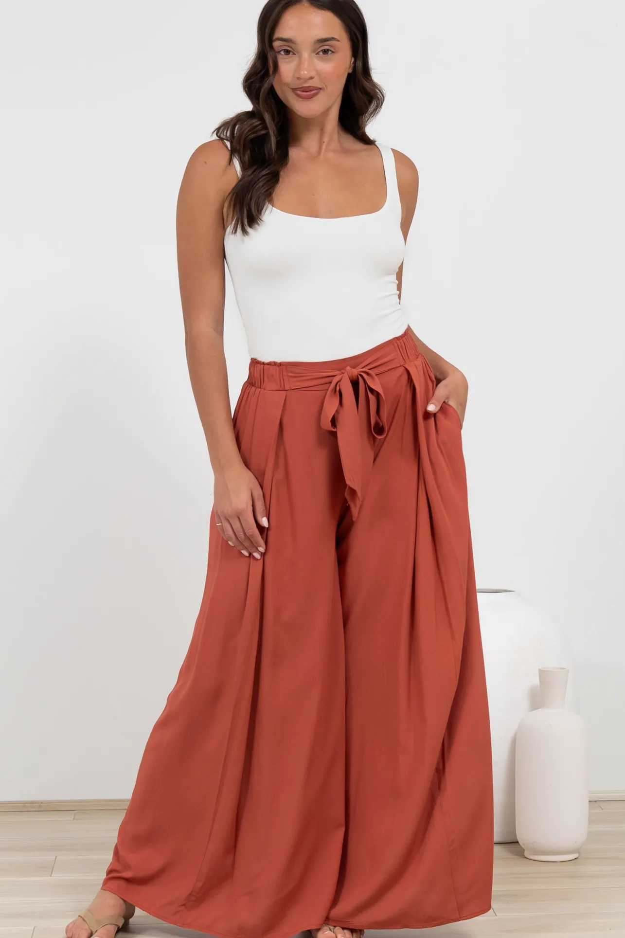 Malta Pants - High Waisted Wide Leg Pants with Tie Waist in Rust>Salty Crush Clearance