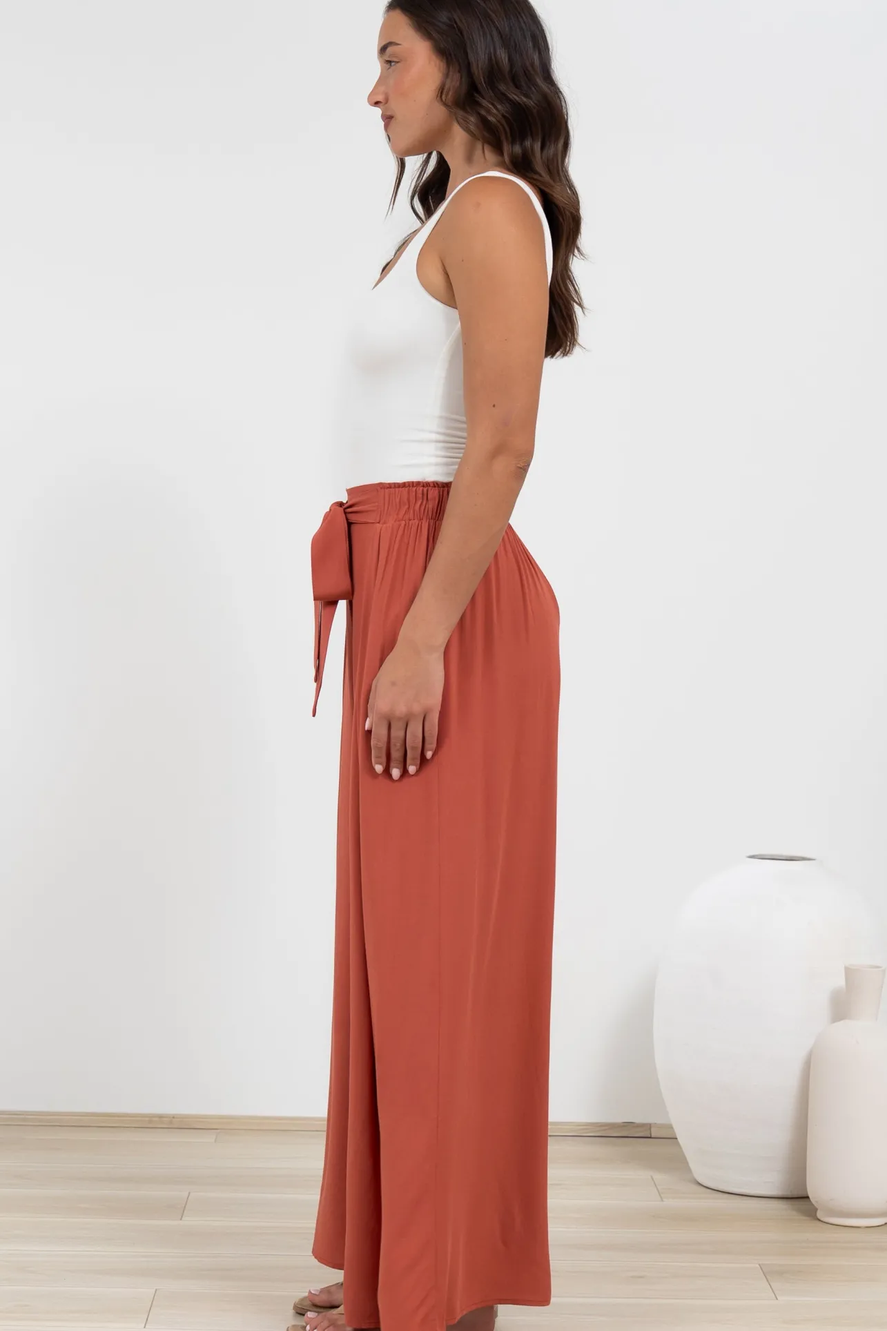Malta Pants - High Waisted Wide Leg Pants with Tie Waist in Rust>Salty Crush Clearance