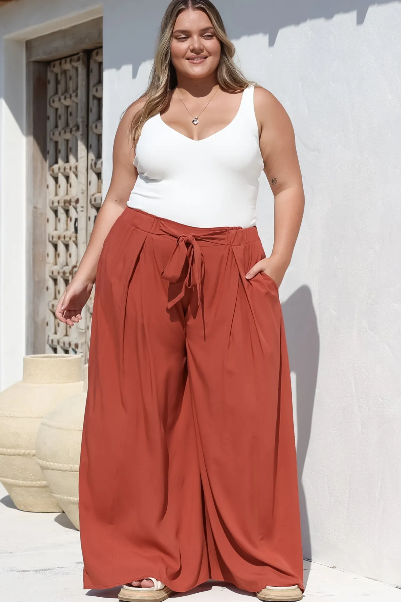 Malta Pants - High Waisted Wide Leg Pants with Tie Waist in Rust>Salty Crush Clearance