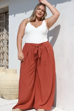 Malta Pants - High Waisted Wide Leg Pants with Tie Waist in Rust><noscript><img width=