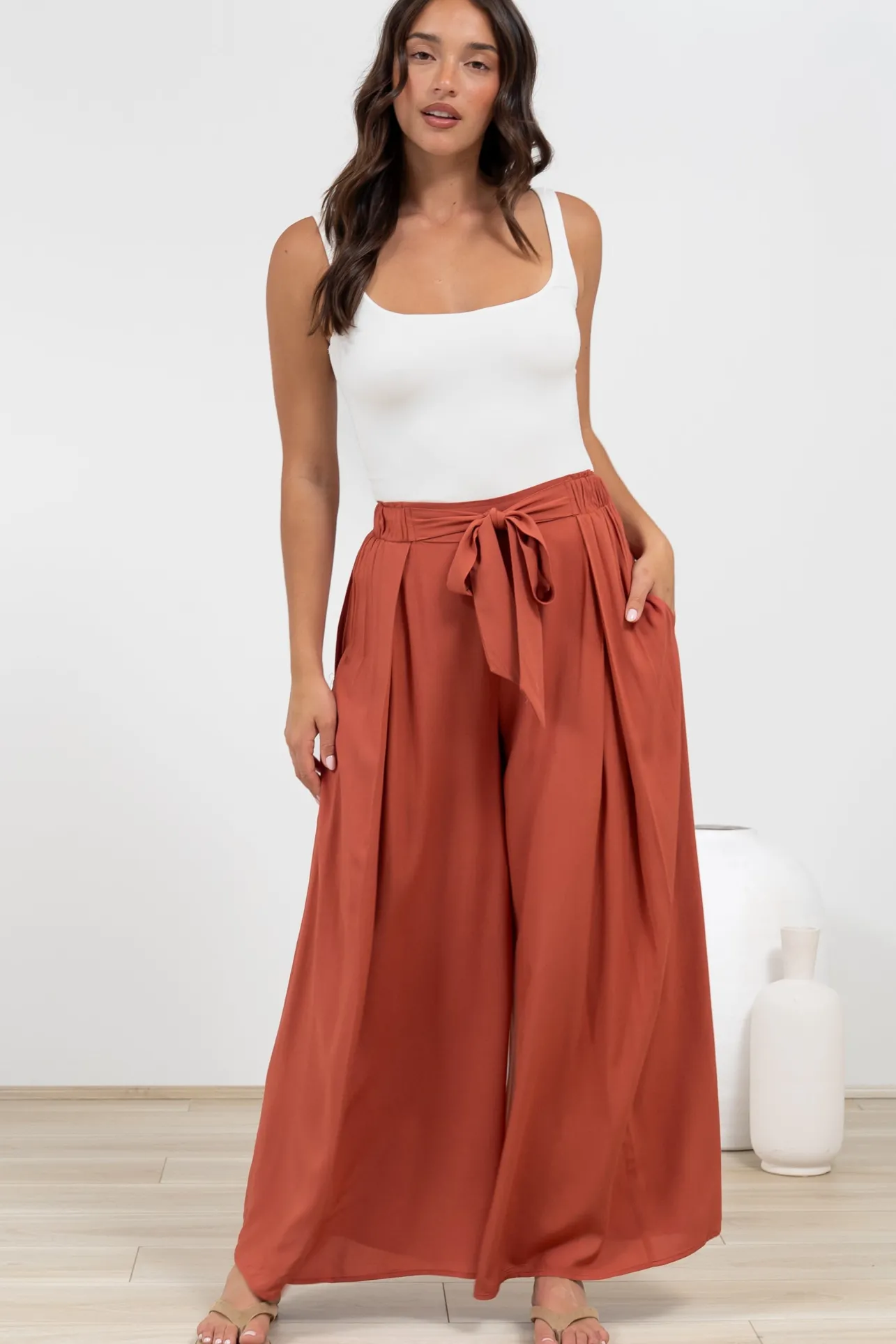 Malta Pants - High Waisted Wide Leg Pants with Tie Waist in Rust>Salty Crush Clearance