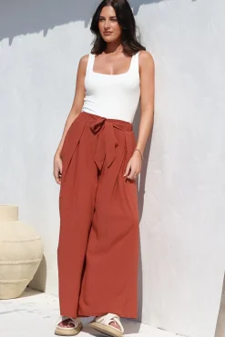 Malta Pants - High Waisted Wide Leg Pants with Tie Waist in Rust><noscript><img width=