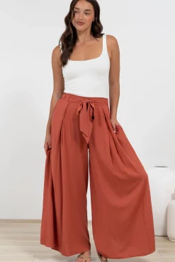 Malta Pants - High Waisted Wide Leg Pants with Tie Waist in Rust><noscript><img width=