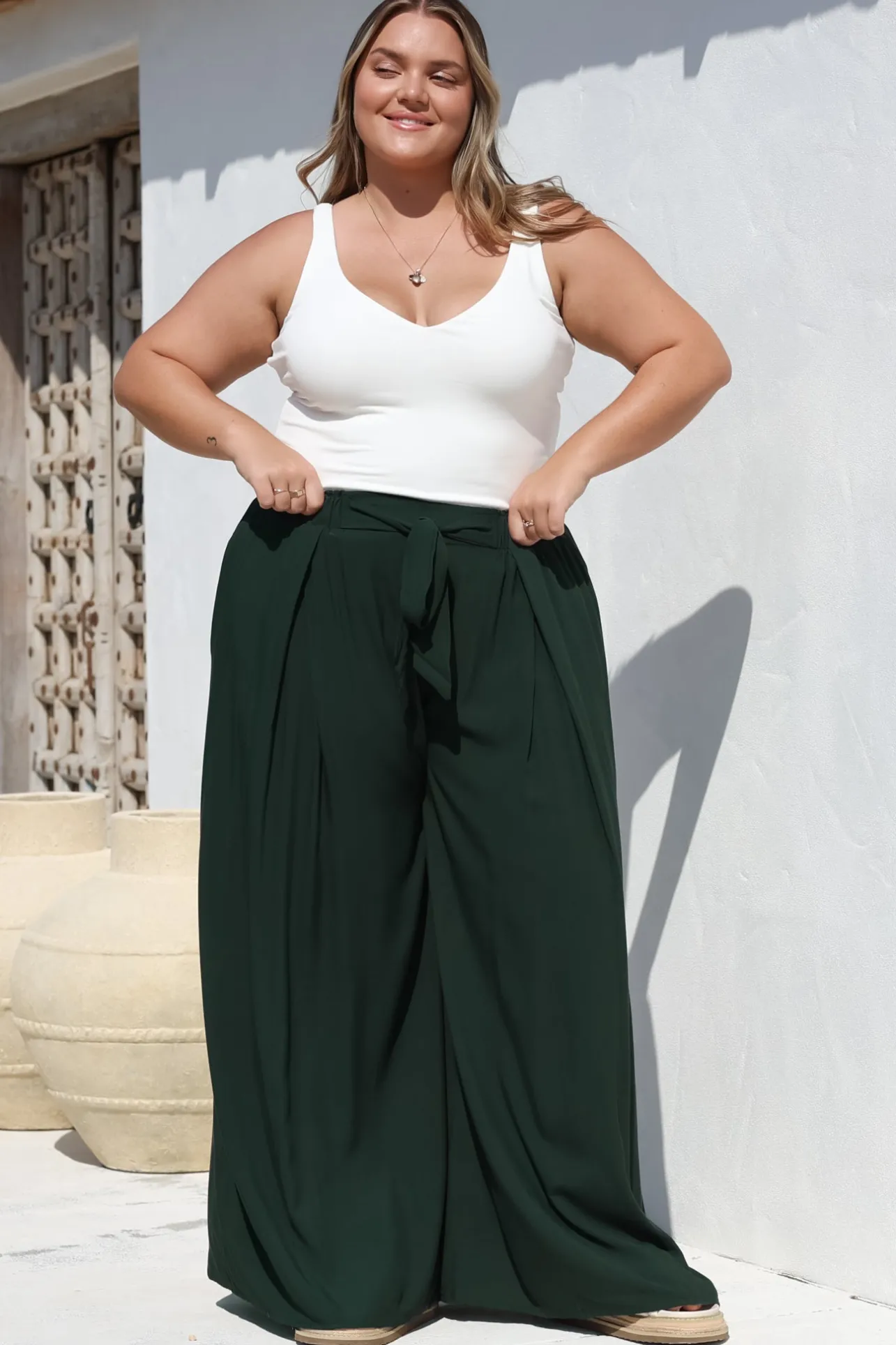 Malta Pants - High Waisted Wide Leg Pants with Tie Waist in Emerald>Salty Crush Outlet