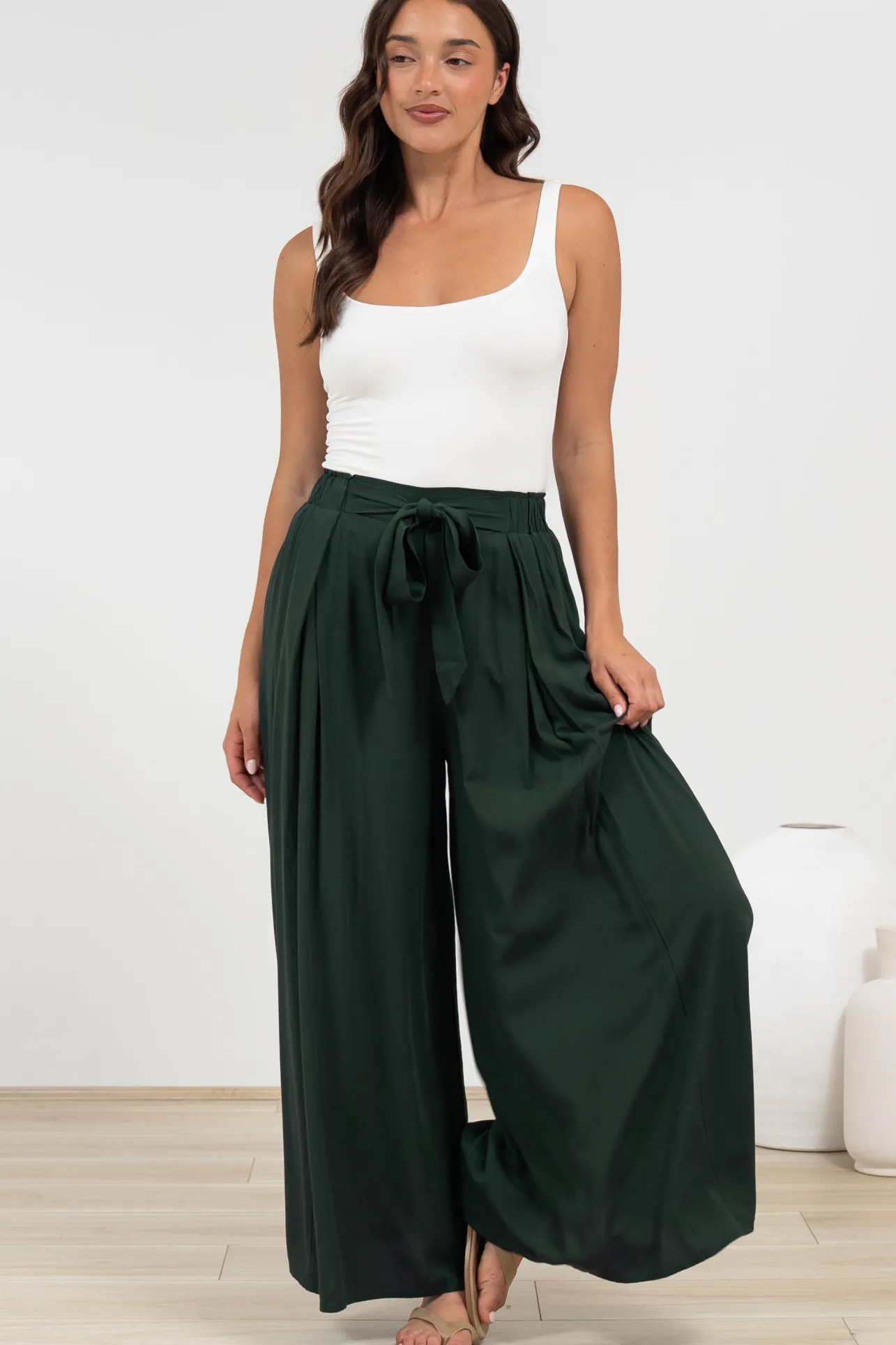 Malta Pants - High Waisted Wide Leg Pants with Tie Waist in Emerald>Salty Crush Outlet
