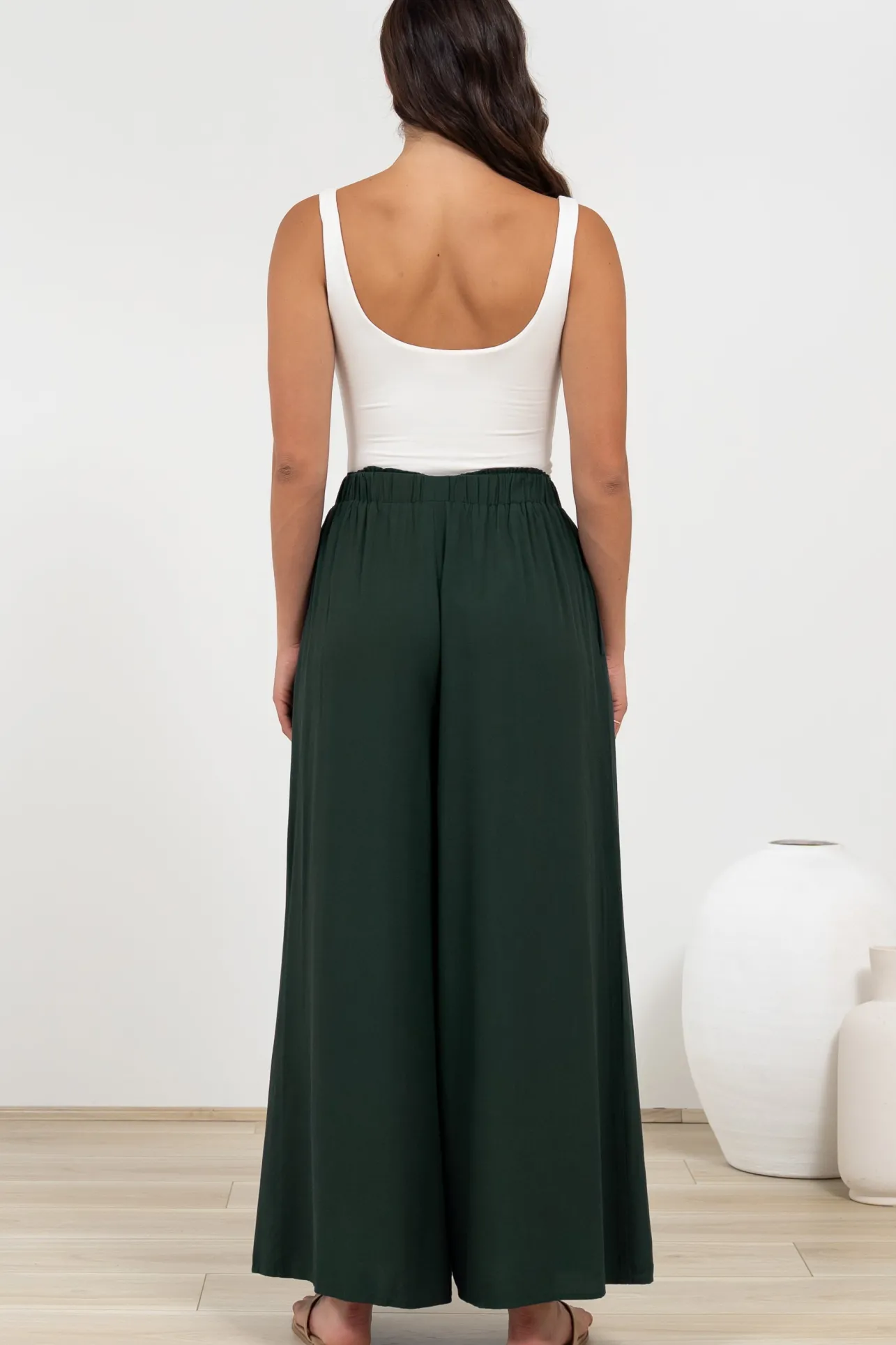Malta Pants - High Waisted Wide Leg Pants with Tie Waist in Emerald>Salty Crush Outlet