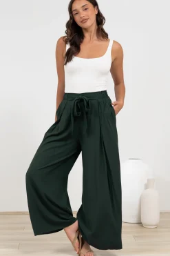 Malta Pants - High Waisted Wide Leg Pants with Tie Waist in Emerald><noscript><img width=