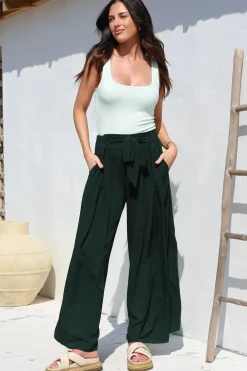 Malta Pants - High Waisted Wide Leg Pants with Tie Waist in Emerald><noscript><img width=