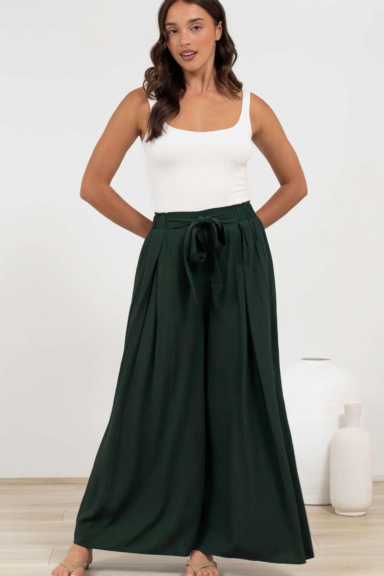 Malta Pants - High Waisted Wide Leg Pants with Tie Waist in Emerald>Salty Crush Outlet