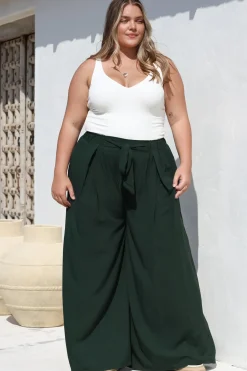 Malta Pants - High Waisted Wide Leg Pants with Tie Waist in Emerald><noscript><img width=