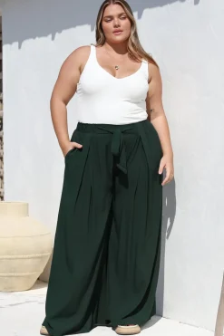Malta Pants - High Waisted Wide Leg Pants with Tie Waist in Emerald><noscript><img width=