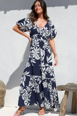 Manaya Maxi Dress - Soft V Neck Tiered Dress with Short Balloon Sleeves in Charlene Print Navy>Salty Crush Outlet