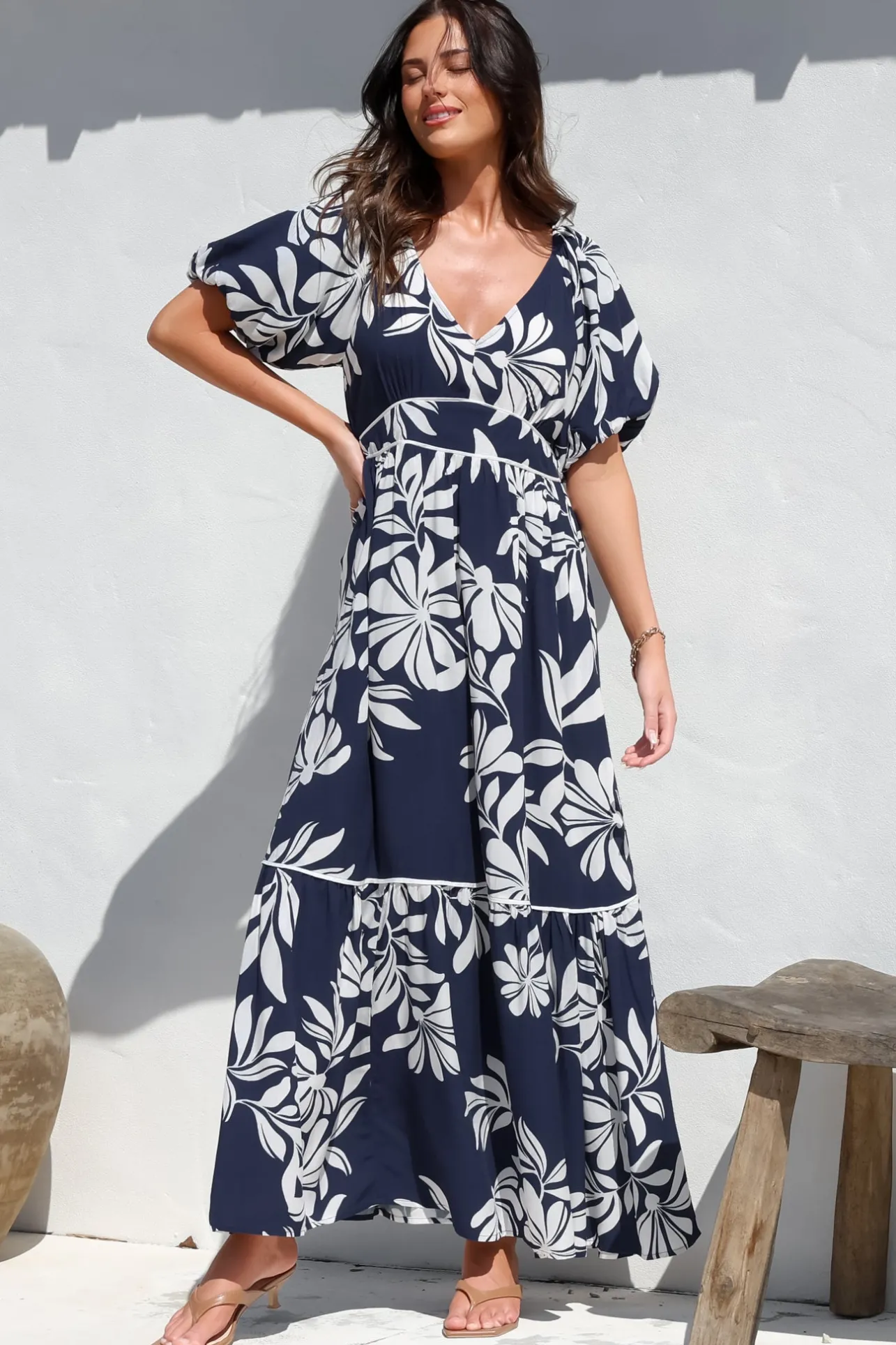 Manaya Maxi Dress - Soft V Neck Tiered Dress with Short Balloon Sleeves in Charlene Print Navy>Salty Crush Outlet
