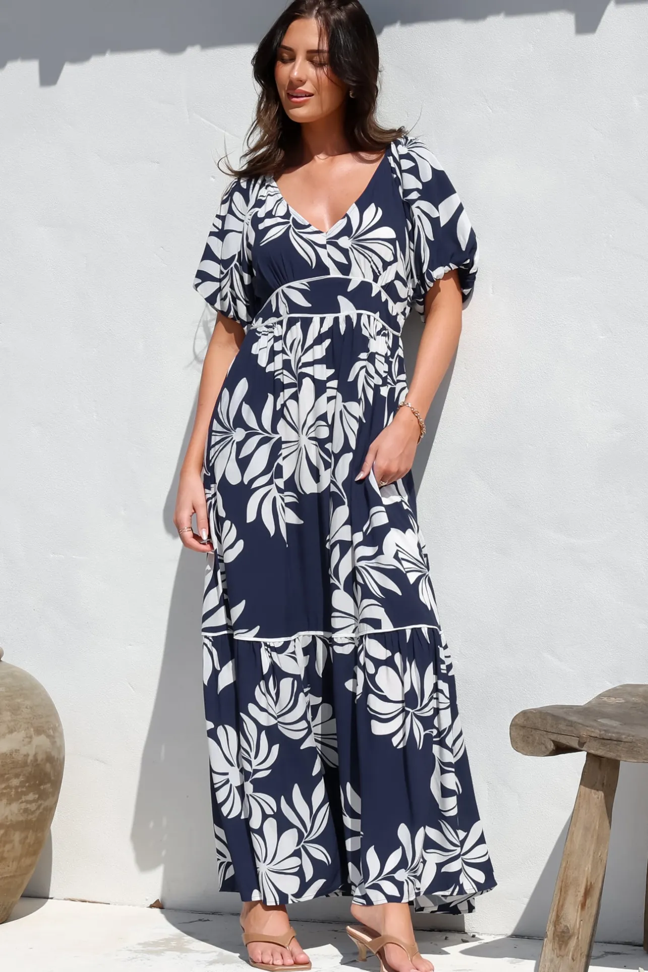Manaya Maxi Dress - Soft V Neck Tiered Dress with Short Balloon Sleeves in Charlene Print Navy>Salty Crush Outlet