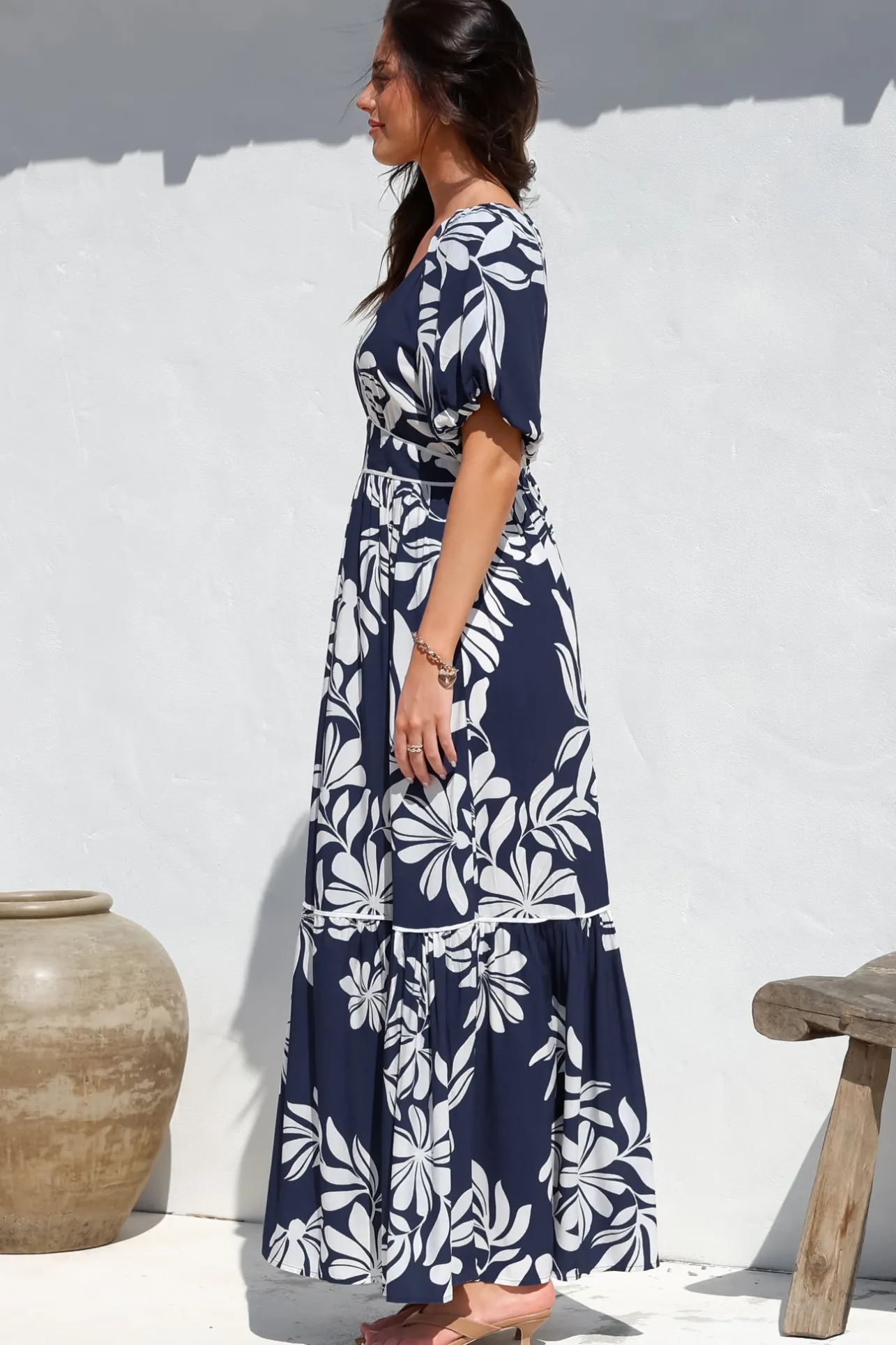 Manaya Maxi Dress - Soft V Neck Tiered Dress with Short Balloon Sleeves in Charlene Print Navy>Salty Crush Outlet