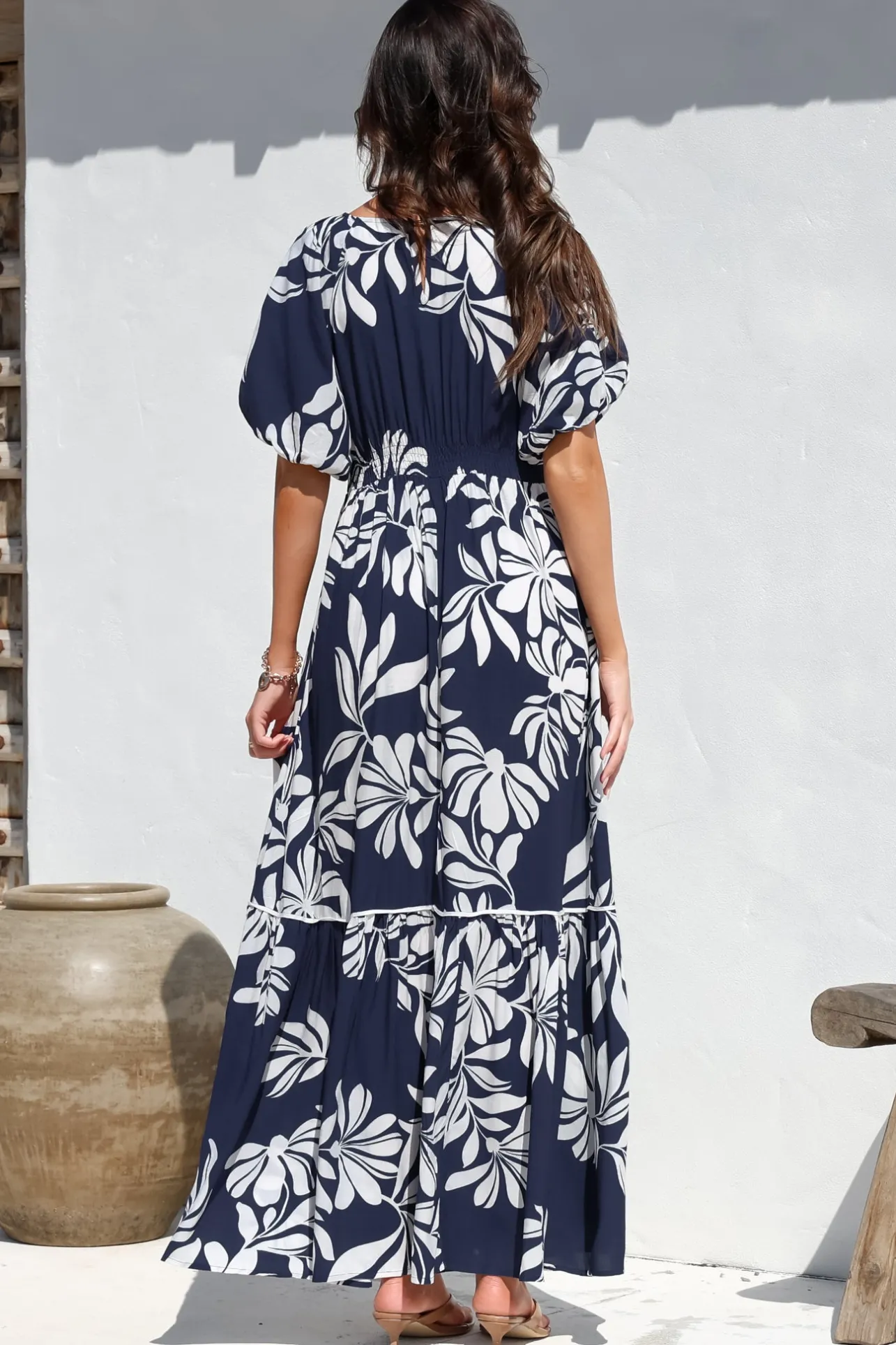 Manaya Maxi Dress - Soft V Neck Tiered Dress with Short Balloon Sleeves in Charlene Print Navy>Salty Crush Outlet