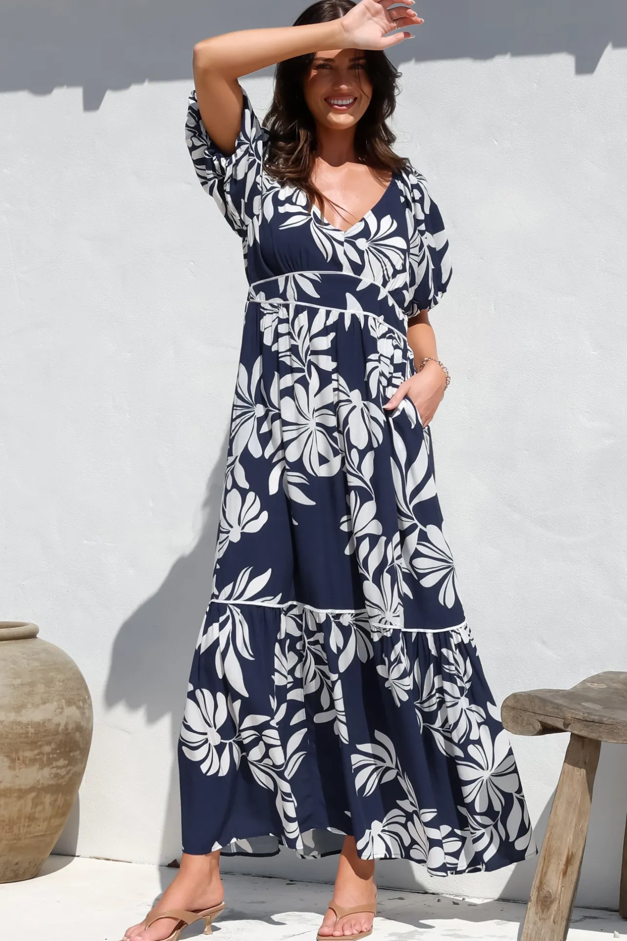 Manaya Maxi Dress - Soft V Neck Tiered Dress with Short Balloon Sleeves in Charlene Print Navy>Salty Crush Outlet