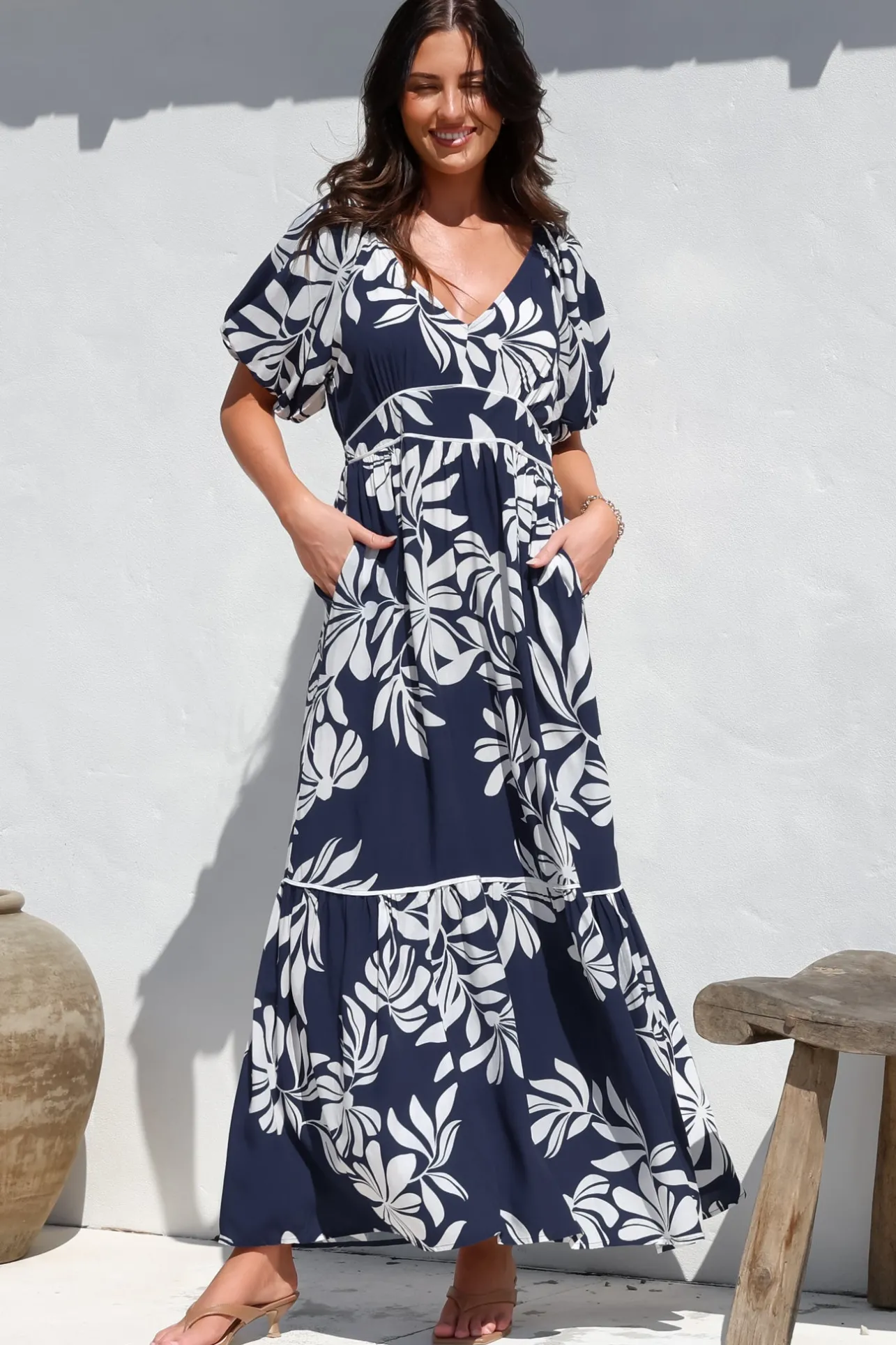 Manaya Maxi Dress - Soft V Neck Tiered Dress with Short Balloon Sleeves in Charlene Print Navy>Salty Crush Outlet