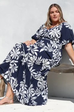 Manaya Maxi Dress - Soft V Neck Tiered Dress with Short Balloon Sleeves in Charlene Print Navy><noscript><img width=