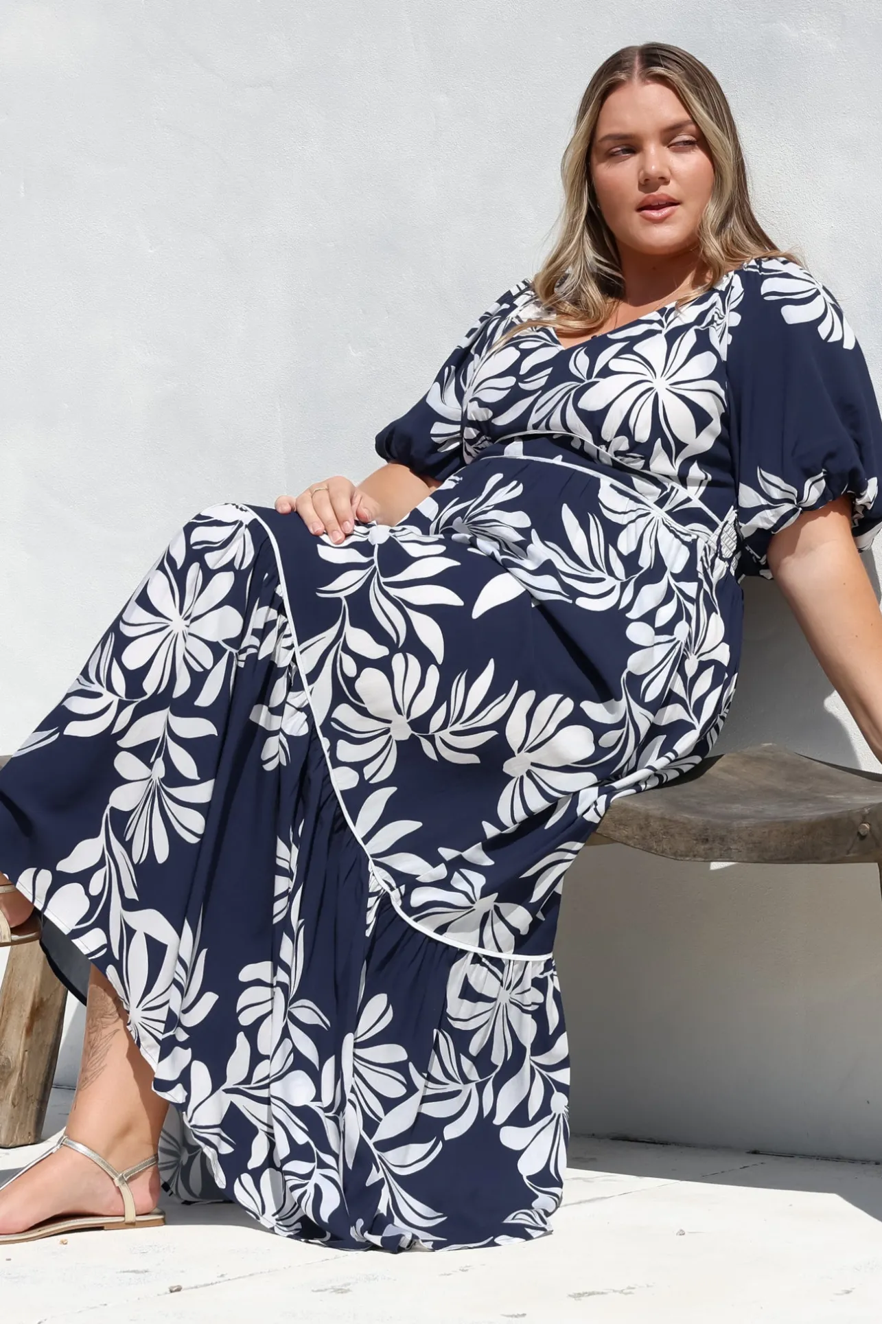 Manaya Maxi Dress - Soft V Neck Tiered Dress with Short Balloon Sleeves in Charlene Print Navy>Salty Crush Outlet