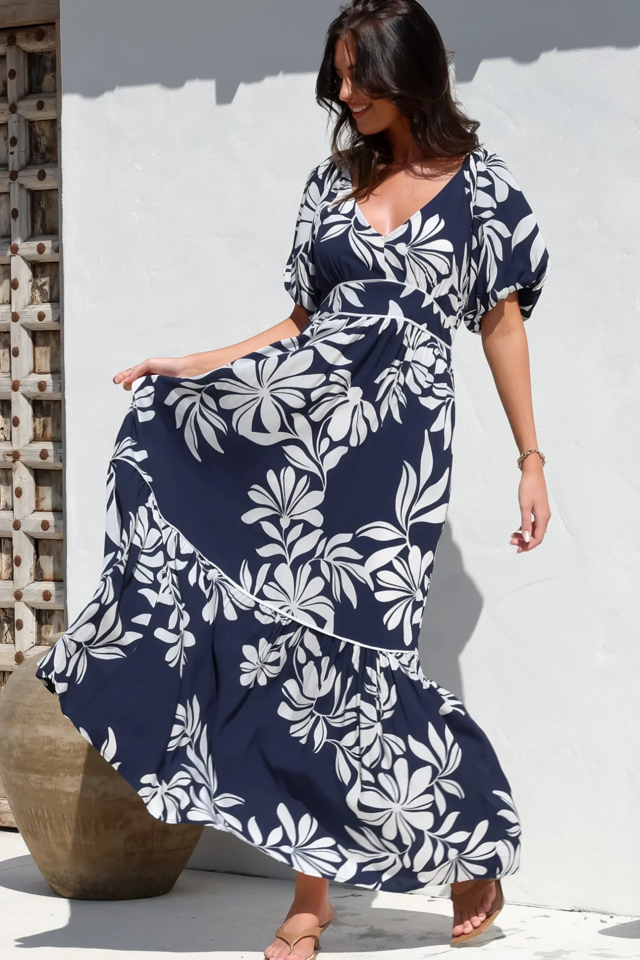 Manaya Maxi Dress - Soft V Neck Tiered Dress with Short Balloon Sleeves in Charlene Print Navy>Salty Crush Outlet