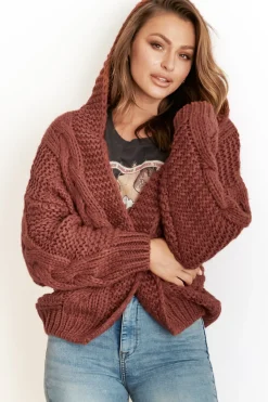 Maple Knit - Chunky Cable Knit Hooded Crop Cardigan in Rust><noscript><img width=
