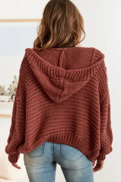 Maple Knit - Chunky Cable Knit Hooded Crop Cardigan in Rust><noscript><img width=
