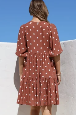Marah Mini Dress - Mandarin Collar Short Sleeve with Tie Smock Dress in Parisian Polka Rust><noscript><img width=
