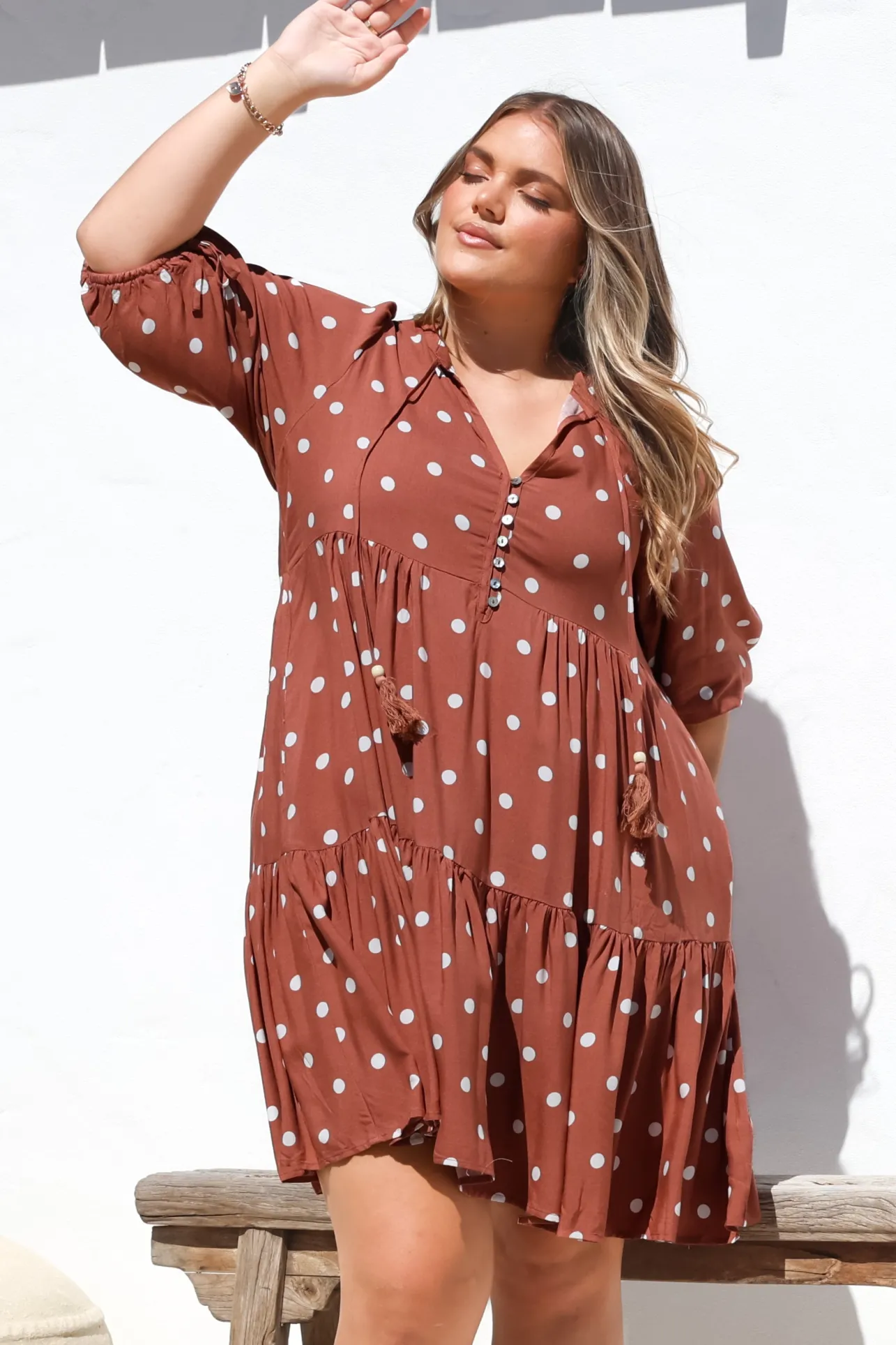 Marah Mini Dress - Mandarin Collar Short Sleeve with Tie Smock Dress in Parisian Polka Rust>Salty Crush Clearance