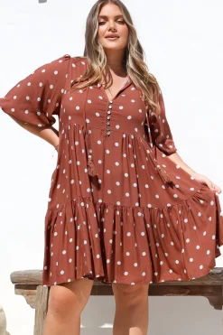 Marah Mini Dress - Mandarin Collar Short Sleeve with Tie Smock Dress in Parisian Polka Rust><noscript><img width=