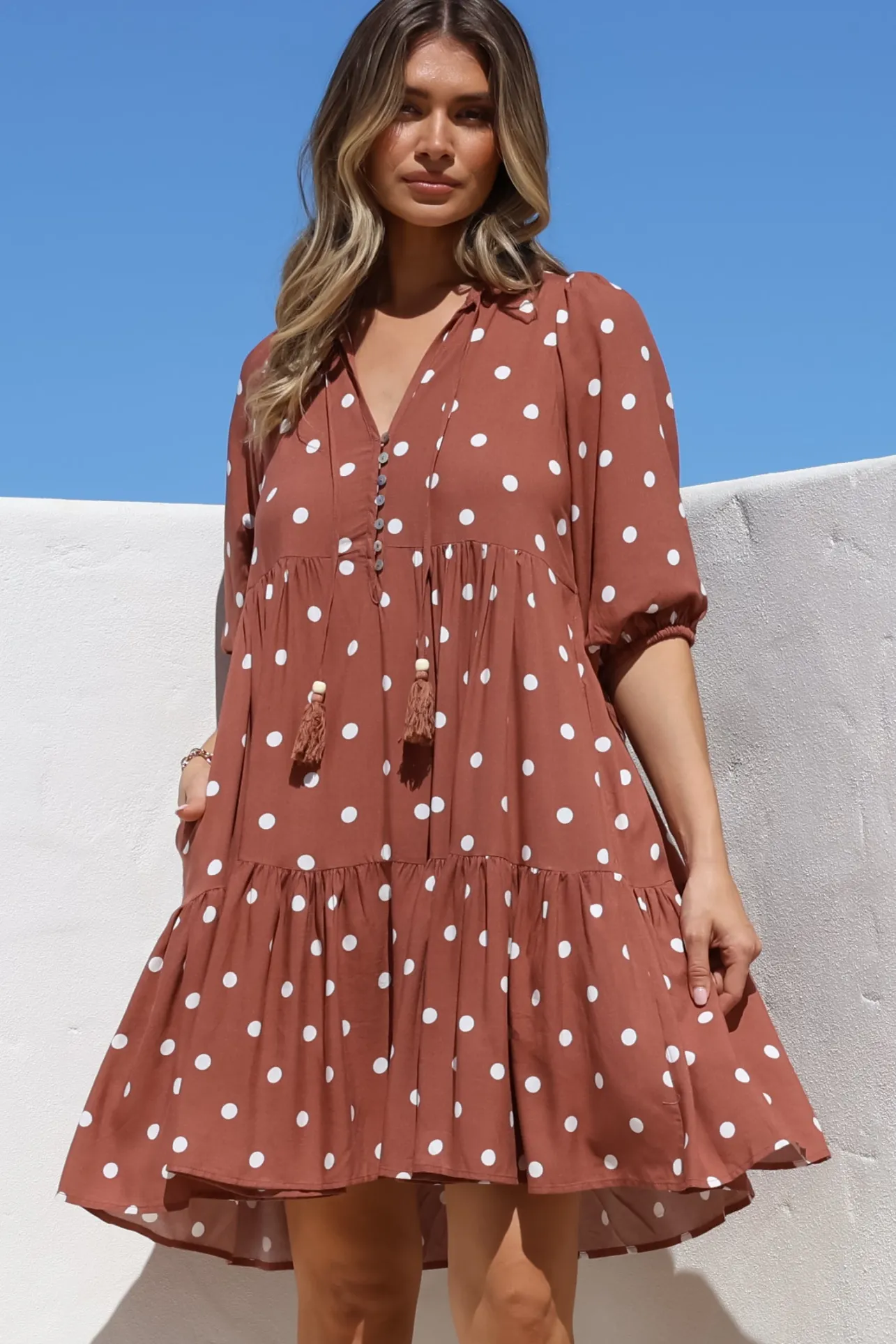 Marah Mini Dress - Mandarin Collar Short Sleeve with Tie Smock Dress in Parisian Polka Rust>Salty Crush Clearance
