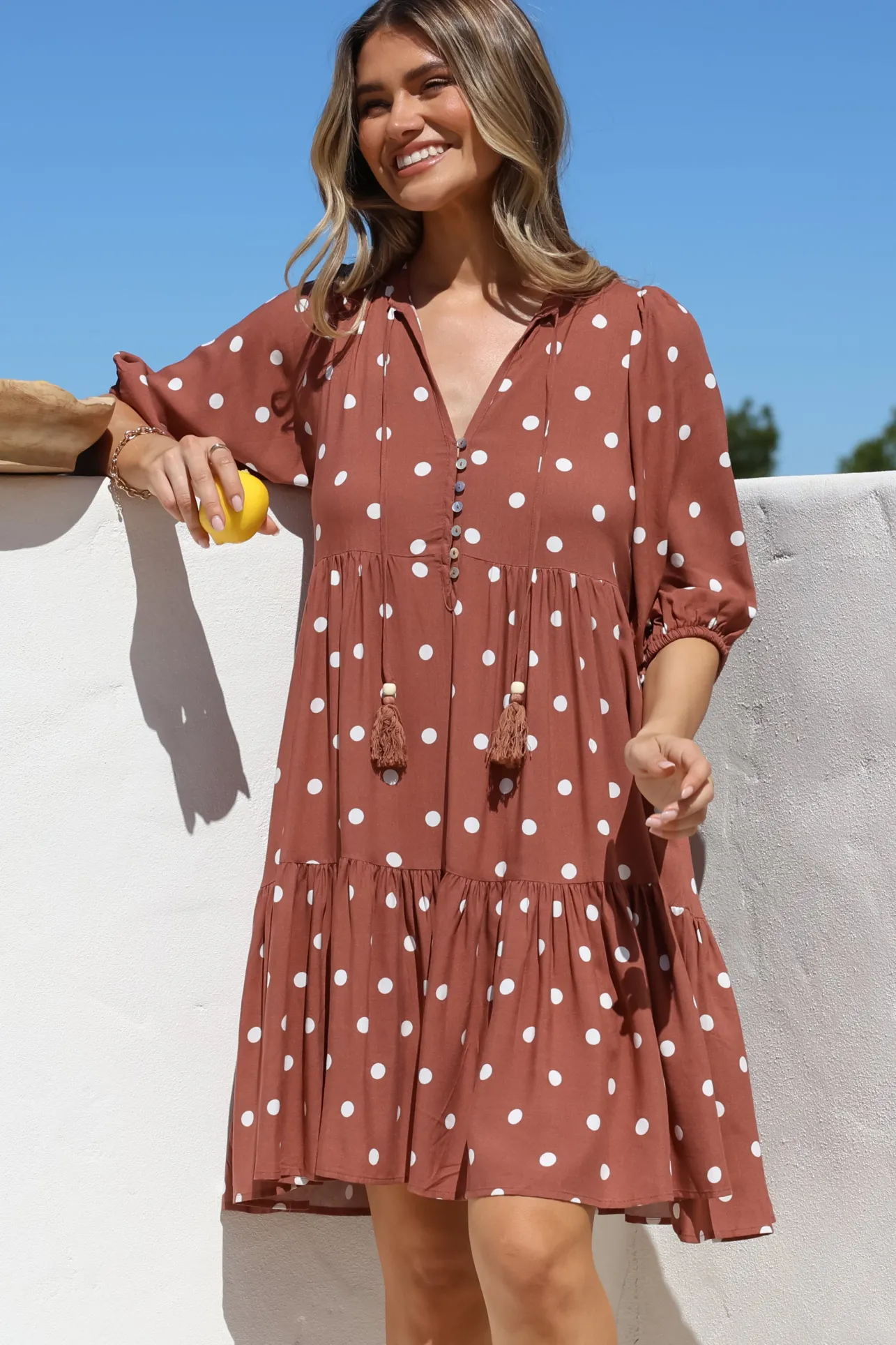 Marah Mini Dress - Mandarin Collar Short Sleeve with Tie Smock Dress in Parisian Polka Rust>Salty Crush Clearance