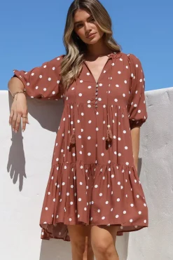 Marah Mini Dress - Mandarin Collar Short Sleeve with Tie Smock Dress in Parisian Polka Rust><noscript><img width=