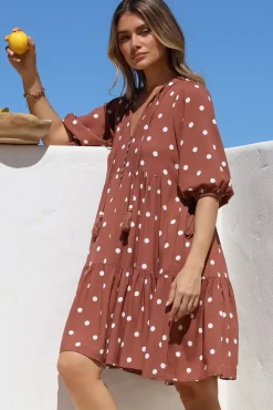 Marah Mini Dress - Mandarin Collar Short Sleeve with Tie Smock Dress in Parisian Polka Rust><noscript><img width=