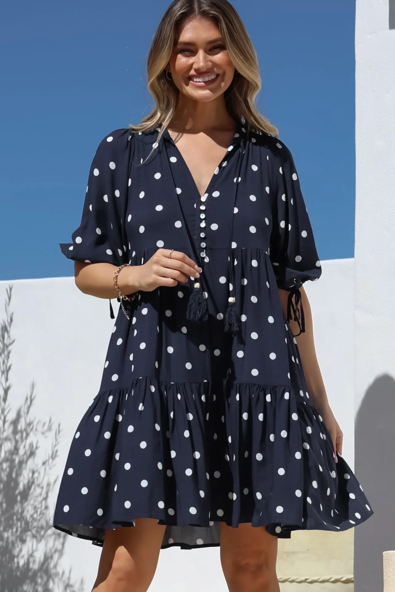 Marah Mini Dress - Mandarin Collar Short Sleeve with Tie Smock Dress in Parisian Polka Navy>Salty Crush Sale