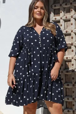 Marah Mini Dress - Mandarin Collar Short Sleeve with Tie Smock Dress in Parisian Polka Navy>Salty Crush Sale