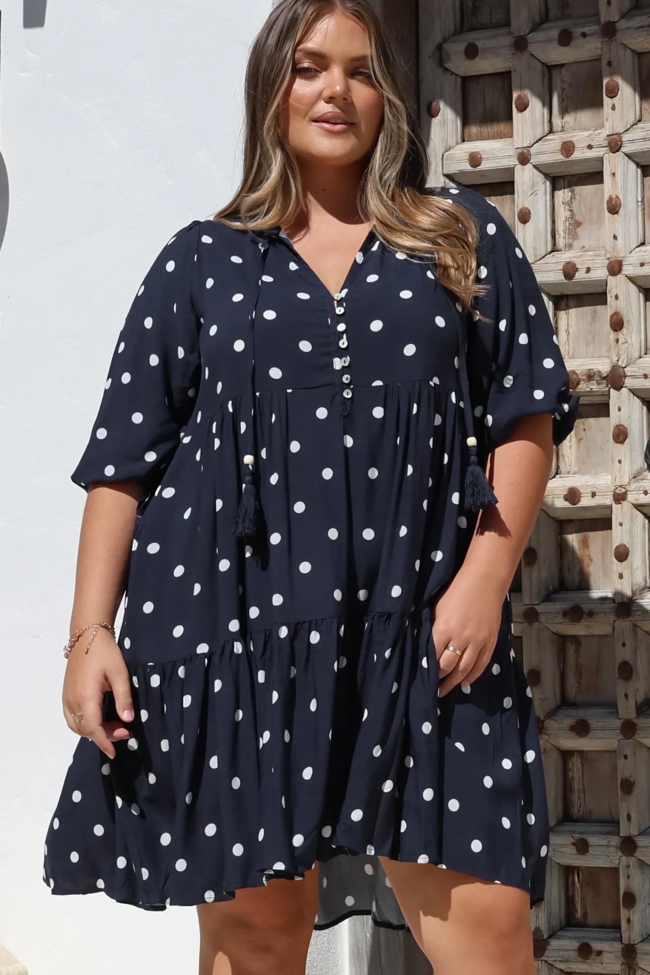 Marah Mini Dress - Mandarin Collar Short Sleeve with Tie Smock Dress in Parisian Polka Navy>Salty Crush Sale