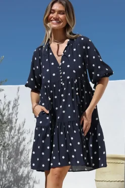 Marah Mini Dress - Mandarin Collar Short Sleeve with Tie Smock Dress in Parisian Polka Navy><noscript><img width=