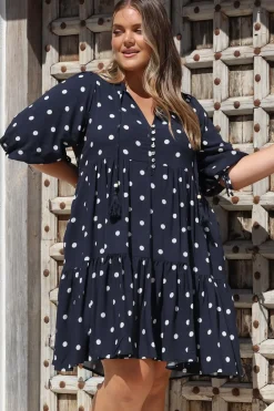 Marah Mini Dress - Mandarin Collar Short Sleeve with Tie Smock Dress in Parisian Polka Navy><noscript><img width=