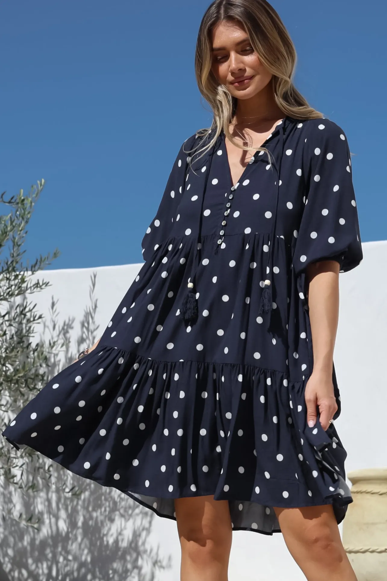 Marah Mini Dress - Mandarin Collar Short Sleeve with Tie Smock Dress in Parisian Polka Navy>Salty Crush Sale