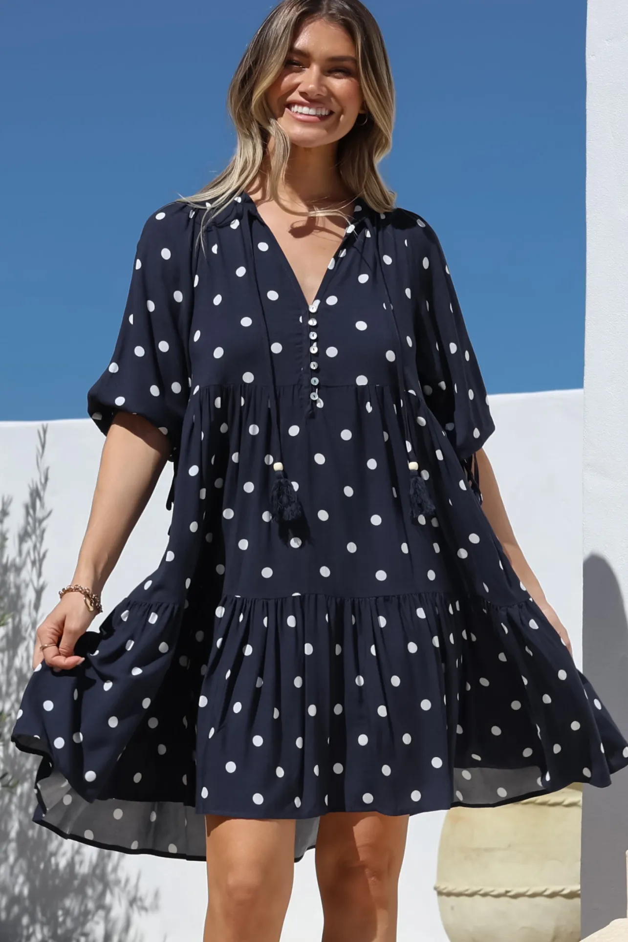 Marah Mini Dress - Mandarin Collar Short Sleeve with Tie Smock Dress in Parisian Polka Navy>Salty Crush Sale