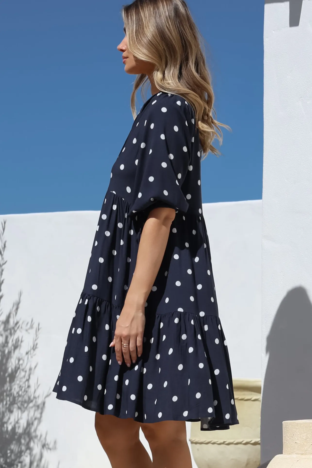 Marah Mini Dress - Mandarin Collar Short Sleeve with Tie Smock Dress in Parisian Polka Navy>Salty Crush Sale